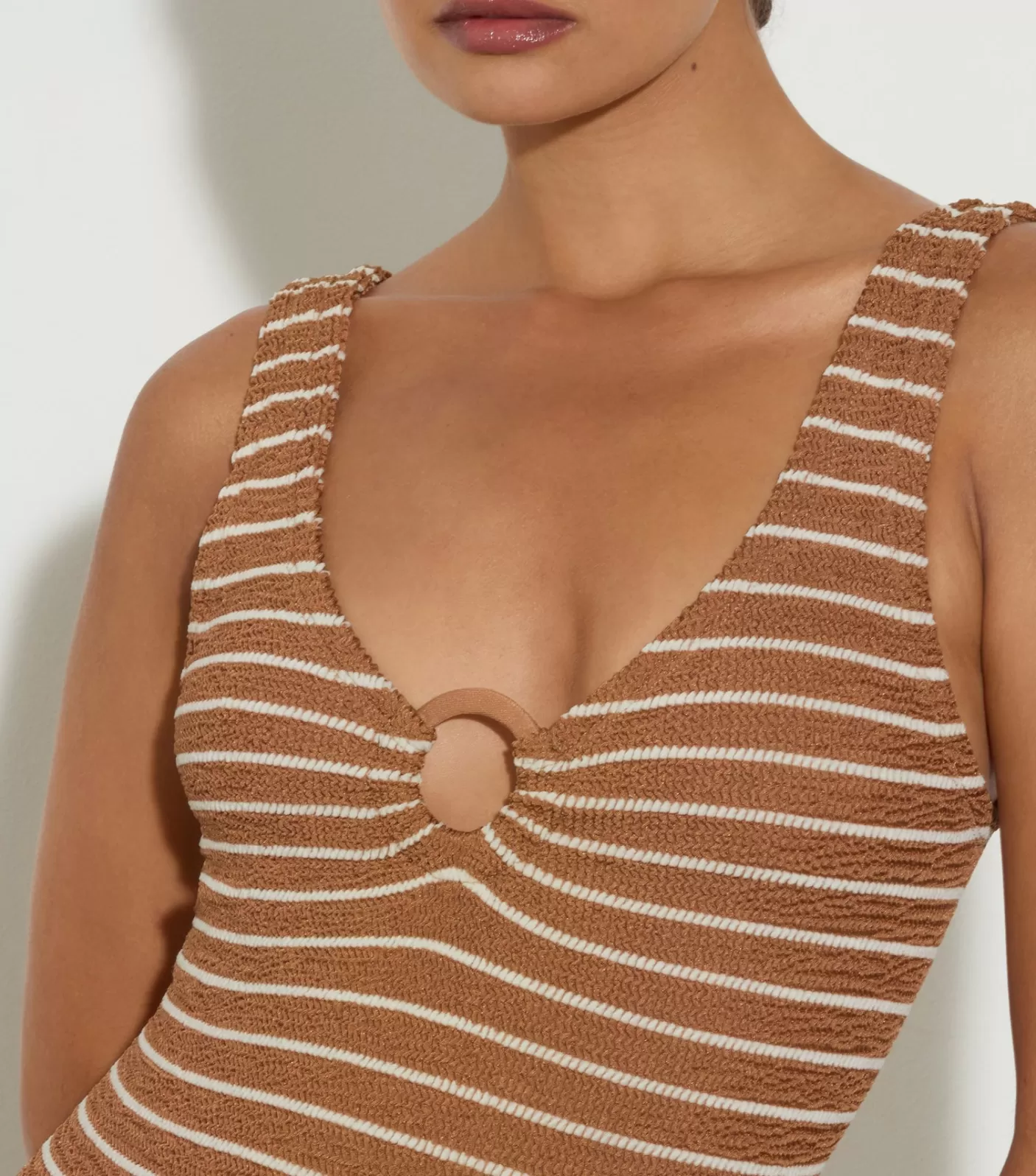 Hunza G V Neck-Celine Swim With Tonal Hoops - Metallic Cocoa/White Stripe