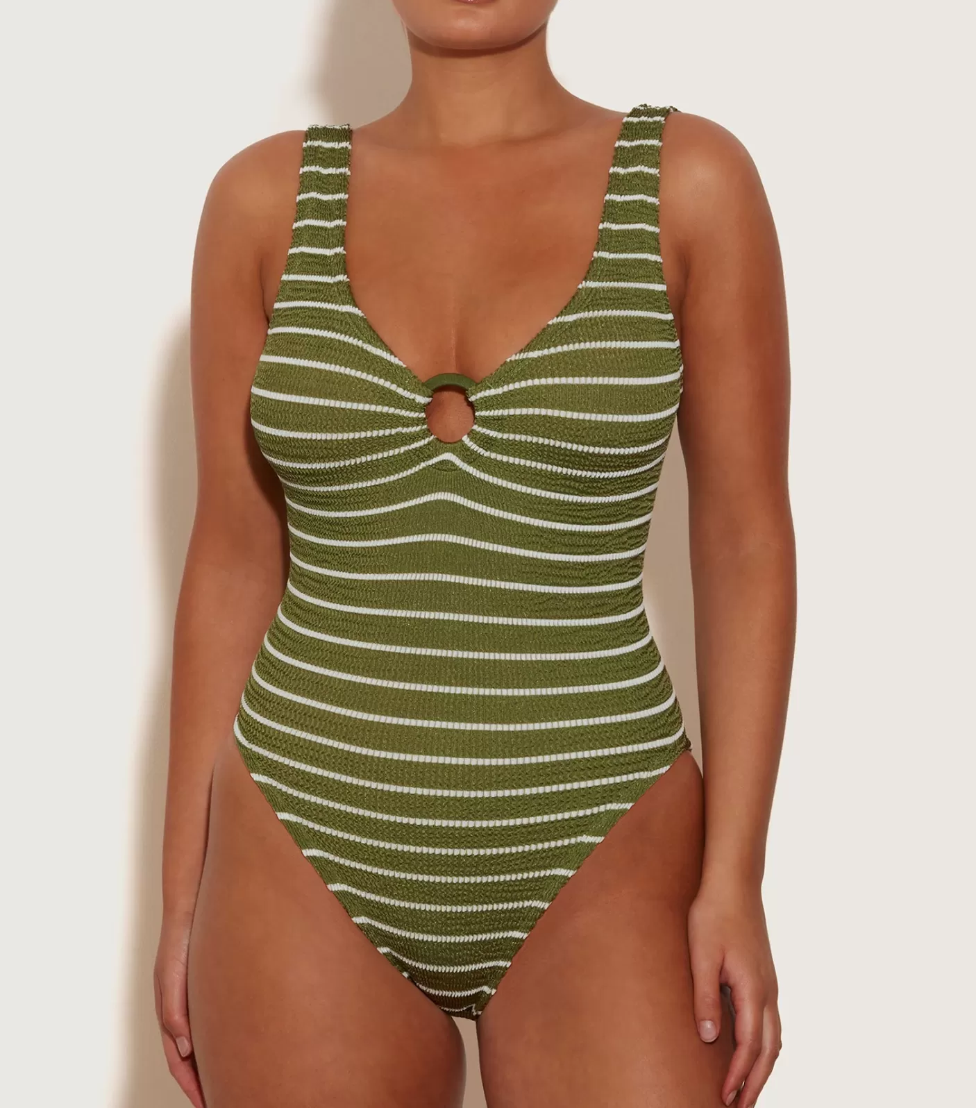 Hunza G V Neck-Celine Swim With Tonal Hoops - Metallic Moss/White Stripe