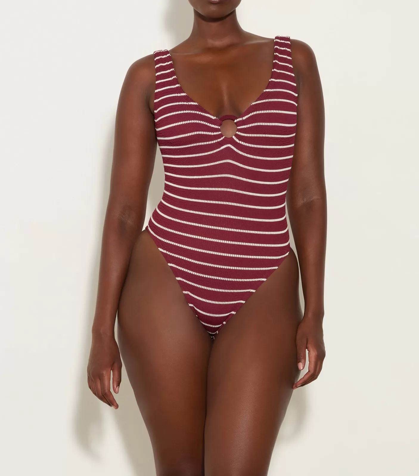 Hunza G V Neck-Celine Swim With Tonal Hoops - Wine/White Stripe