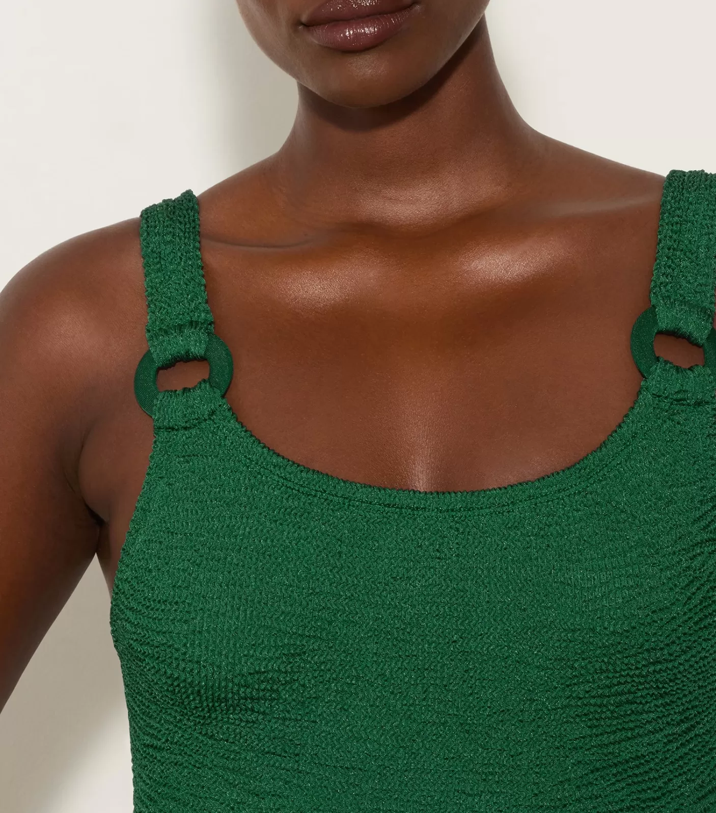 Hunza G Scoop Neck-Domino Swim With Tonal Hoops - Metallic Forest Green