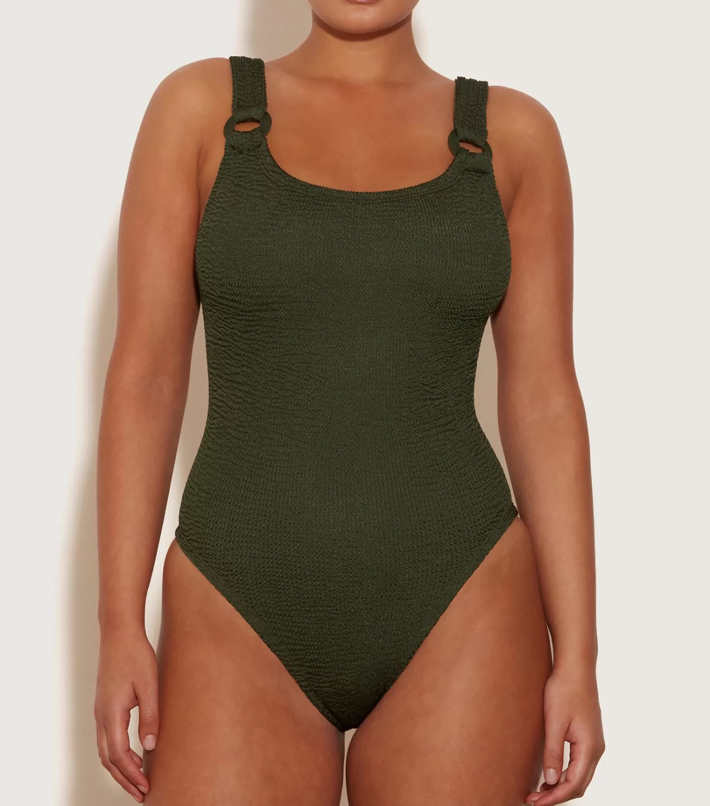 Hunza G Scoop Neck-Domino Swim With Tonal Hoops - Metallic Khaki