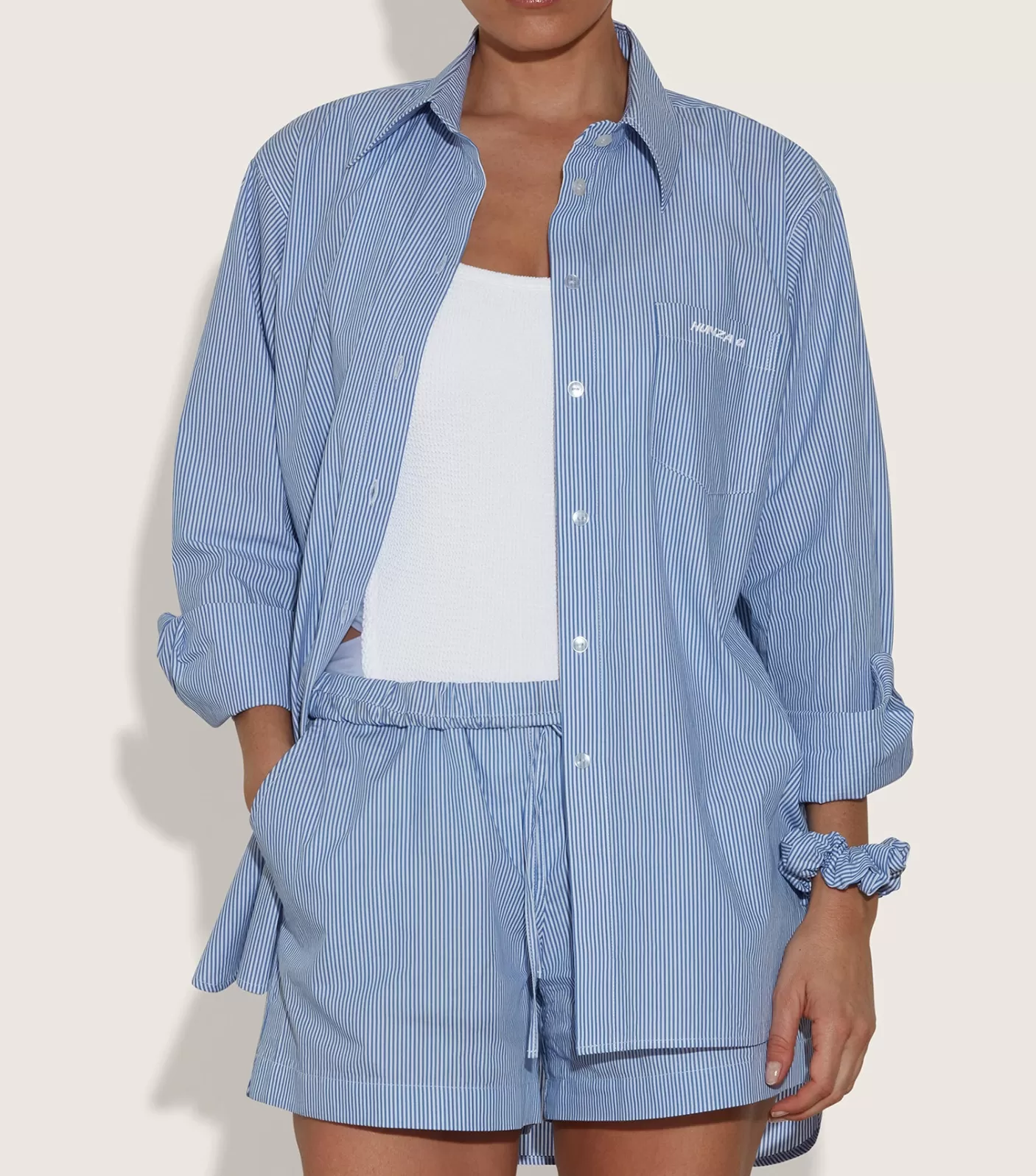 Hunza G Shirts And Tops-Embroidered Oversized Shirt - Blue Stripe