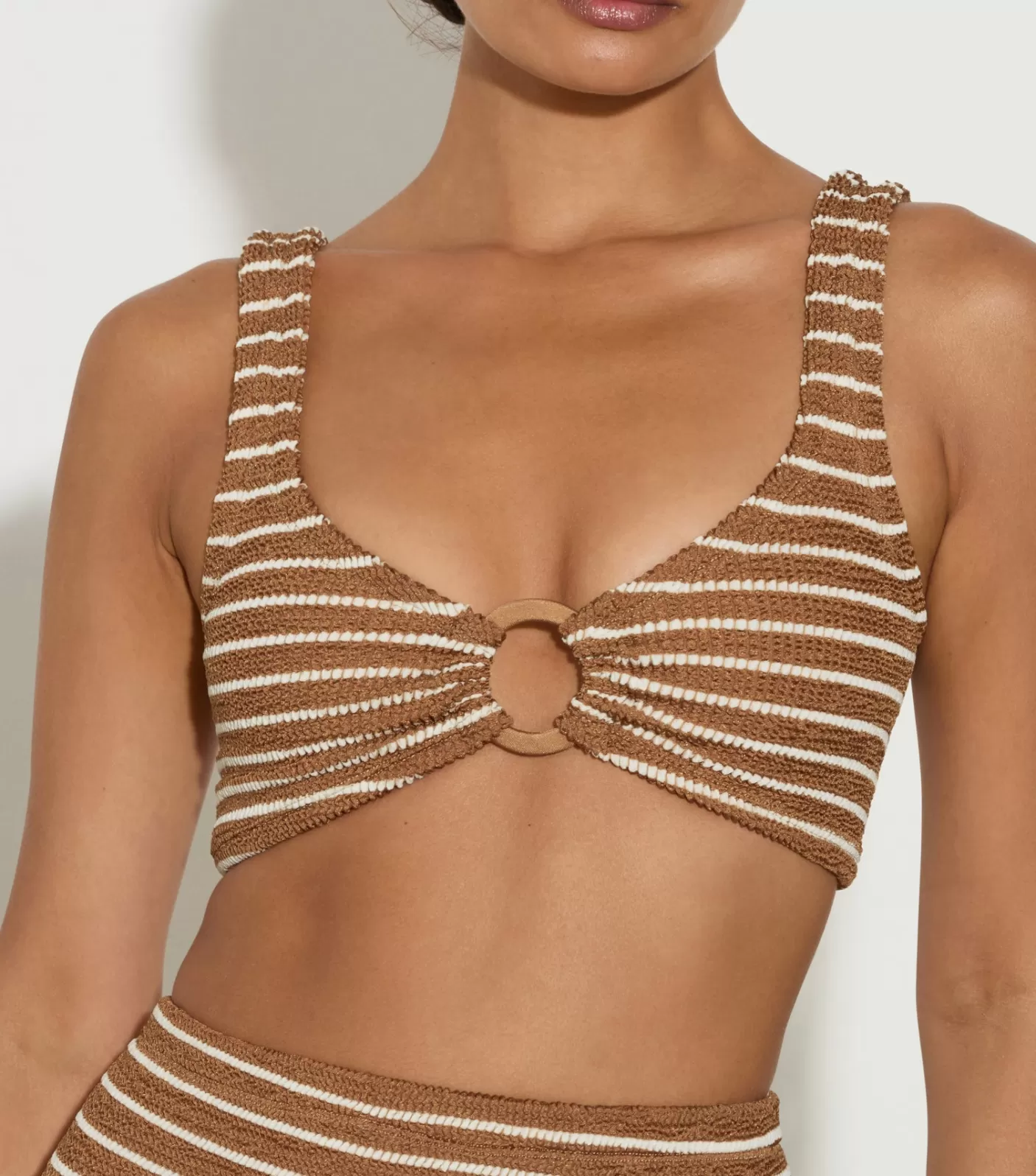 Hunza G Bikini Sets | Bralette-Nadine Bikini With Tonal Hoops - Metallic Cocoa/White Stripe