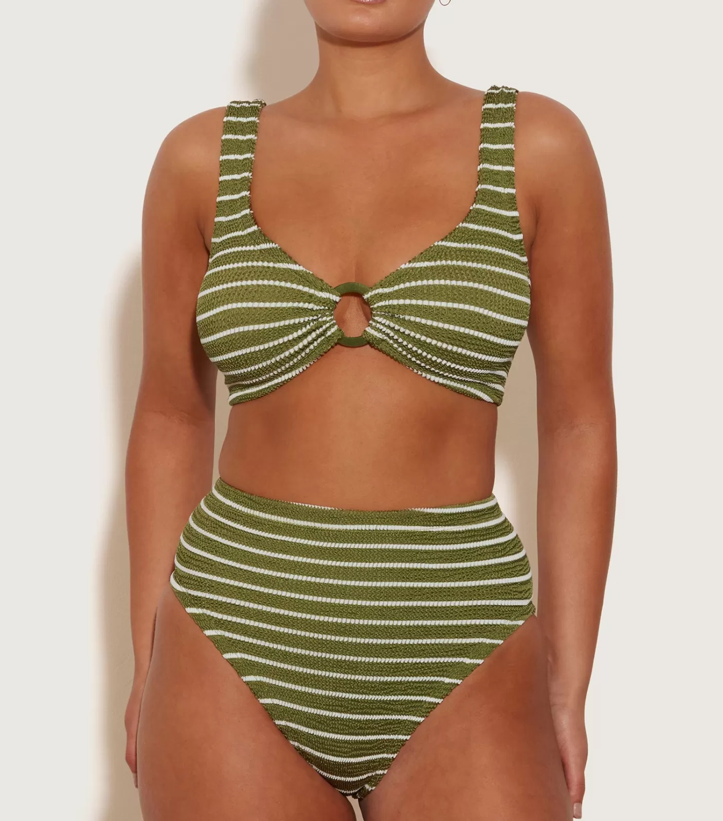 Hunza G Bikini Sets | Bralette-Nadine Bikini With Tonal Hoops - Metallic Moss/White Stripe