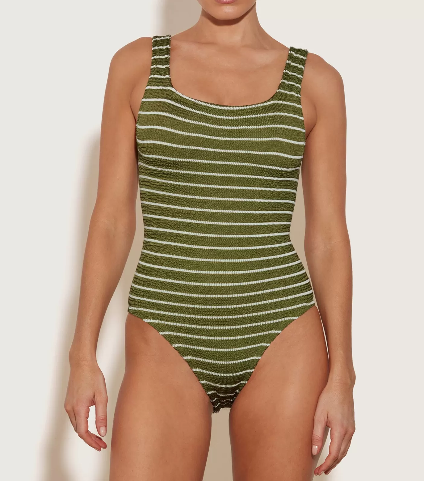 Hunza G Square Neck-Square Neck Swim - Metallic Moss/White Stripe